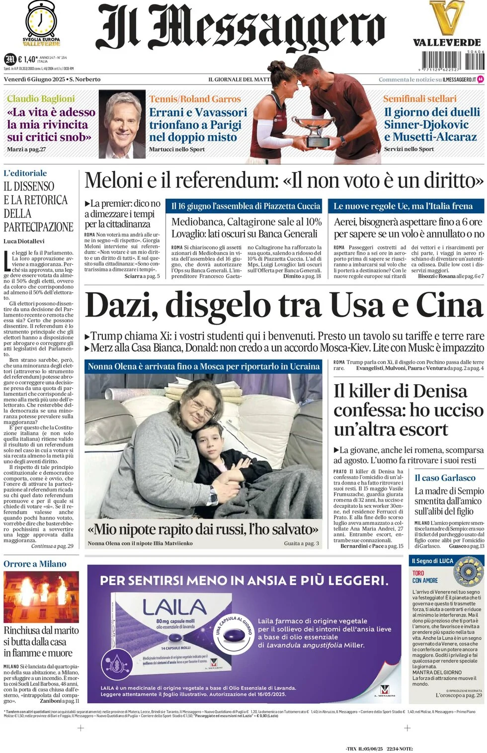 anteprima della prima pagina di il-messaggero del 06/06/2025
