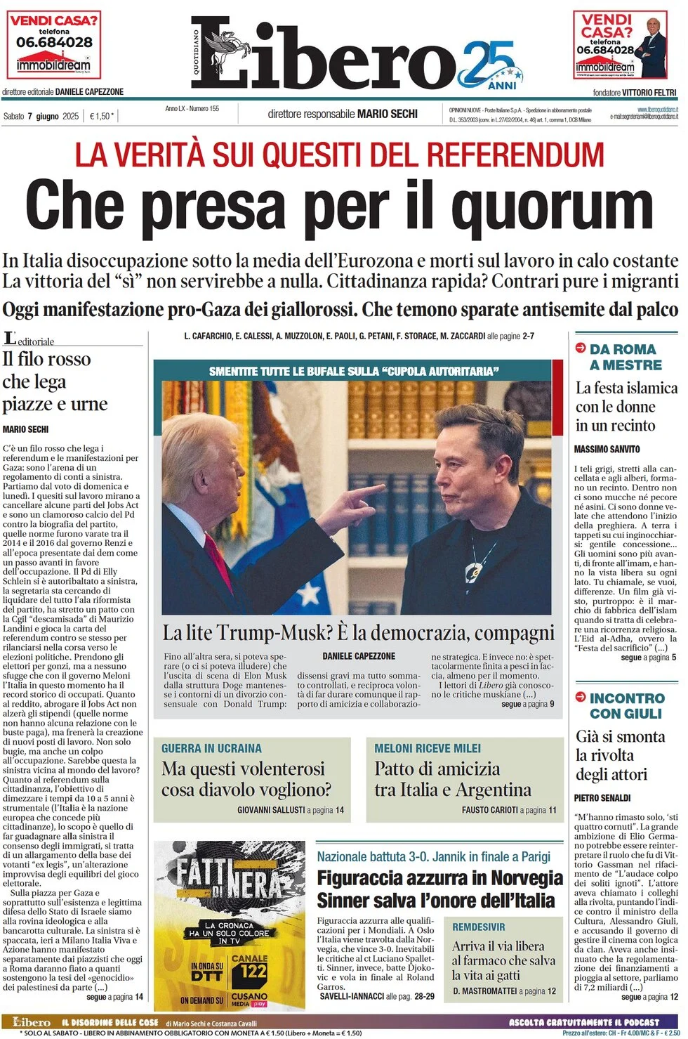 anteprima della prima pagina di libero-quotidiano del 07/06/2025