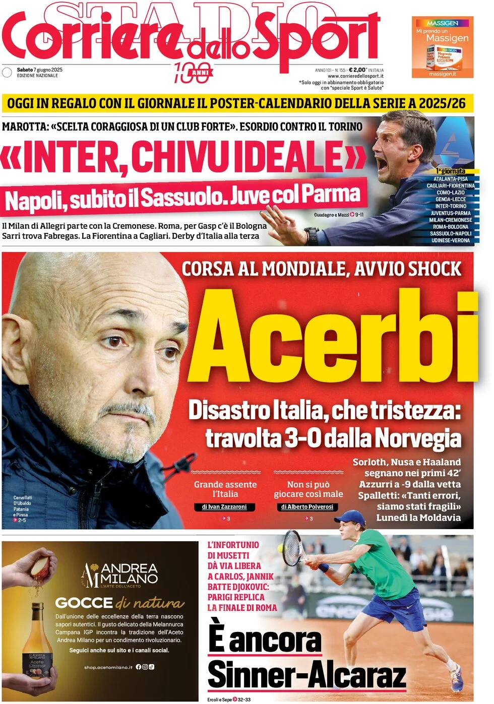 anteprima della prima pagina di corriere-dello-sport del 07/06/2025