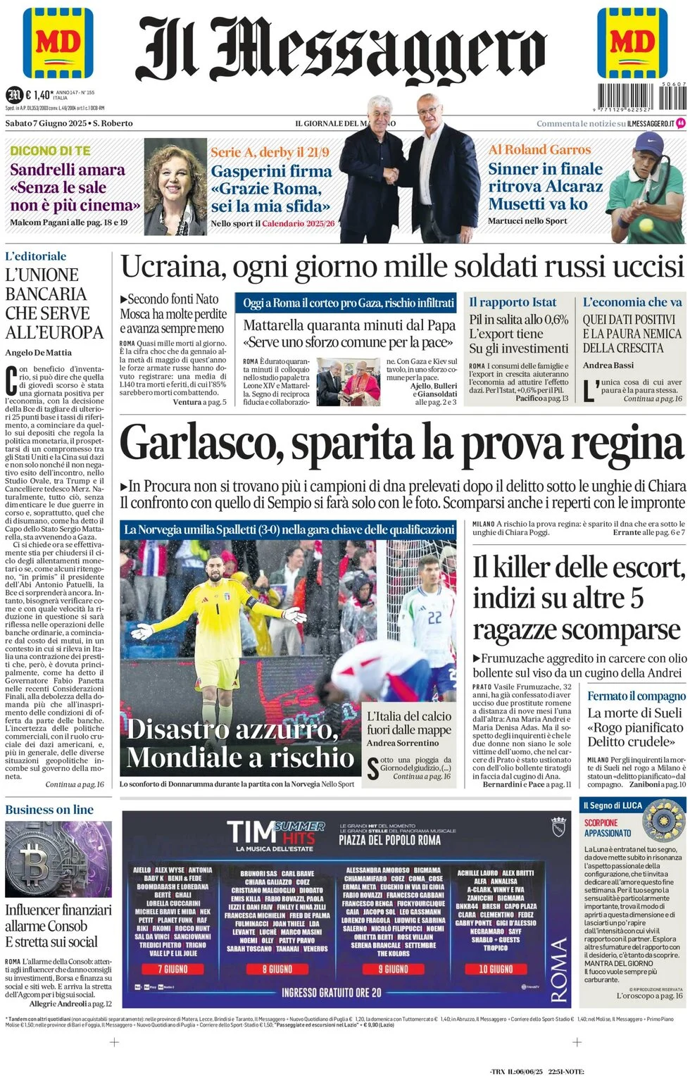 anteprima della prima pagina di il-messaggero del 07/06/2025