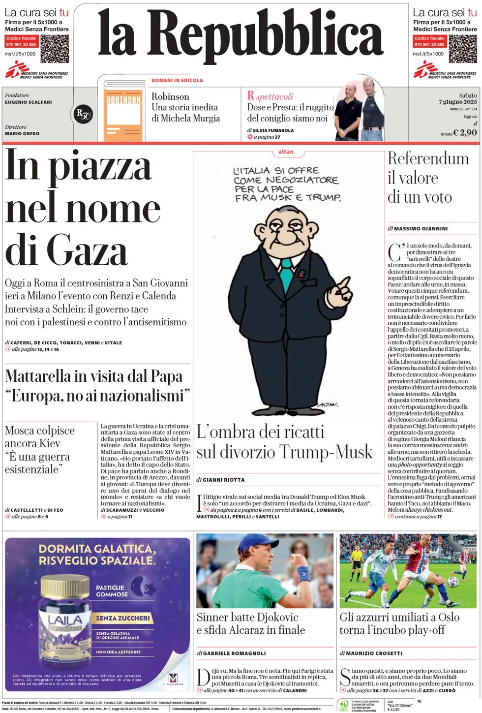 anteprima della prima pagina di la-repubblica del 07/06/2025