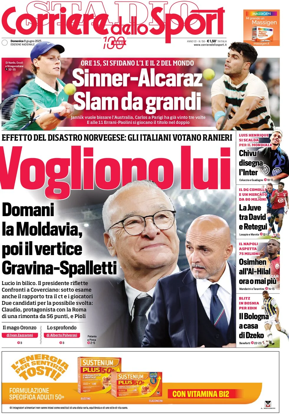 anteprima della prima pagina di corriere-dello-sport del 08/06/2025