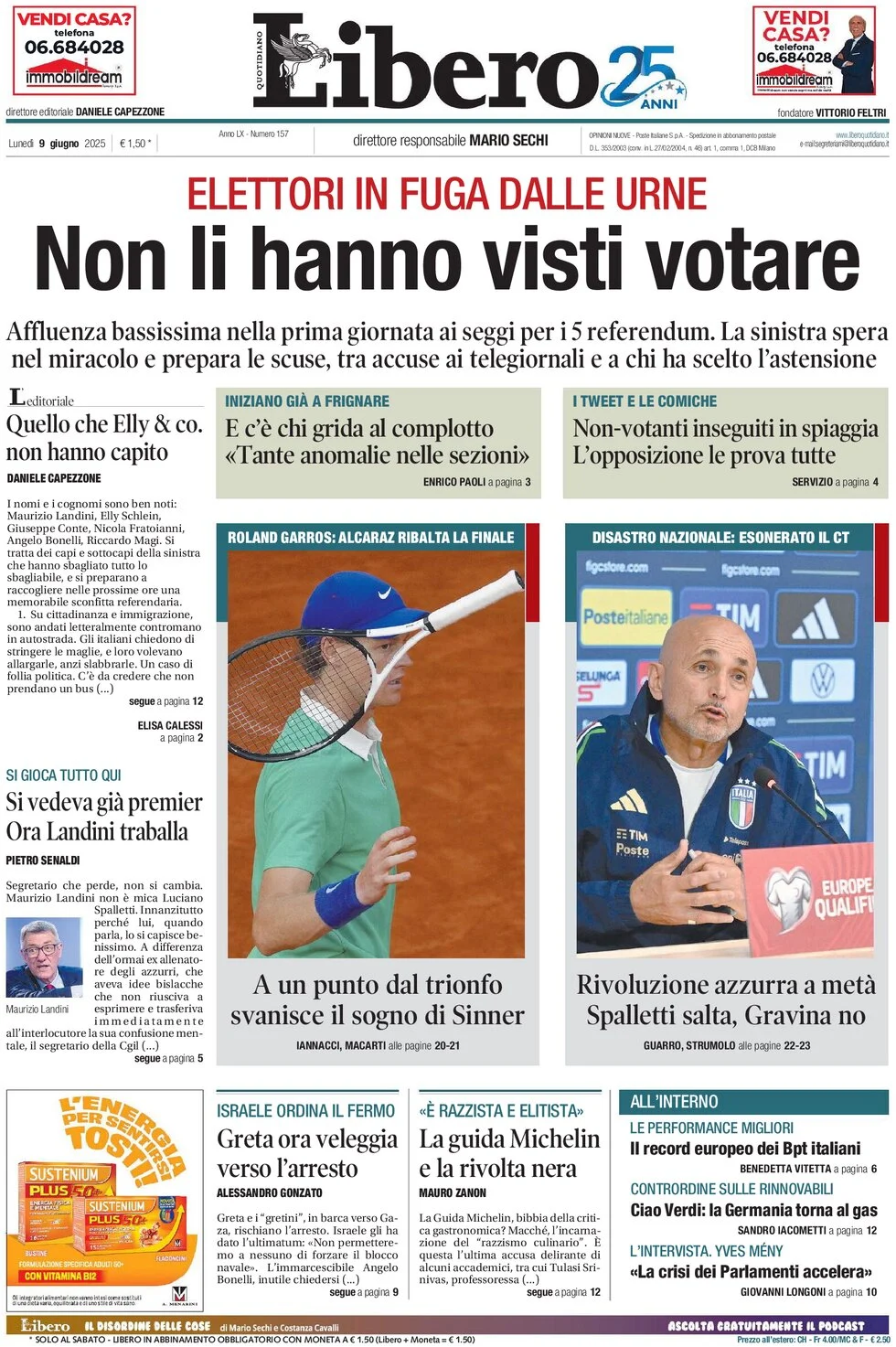 anteprima della prima pagina di libero-quotidiano del 09/06/2025
