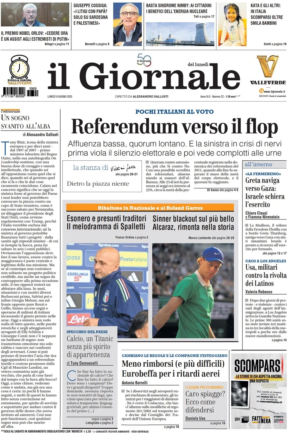 anteprima della prima pagina di il-giornale del 09/06/2025