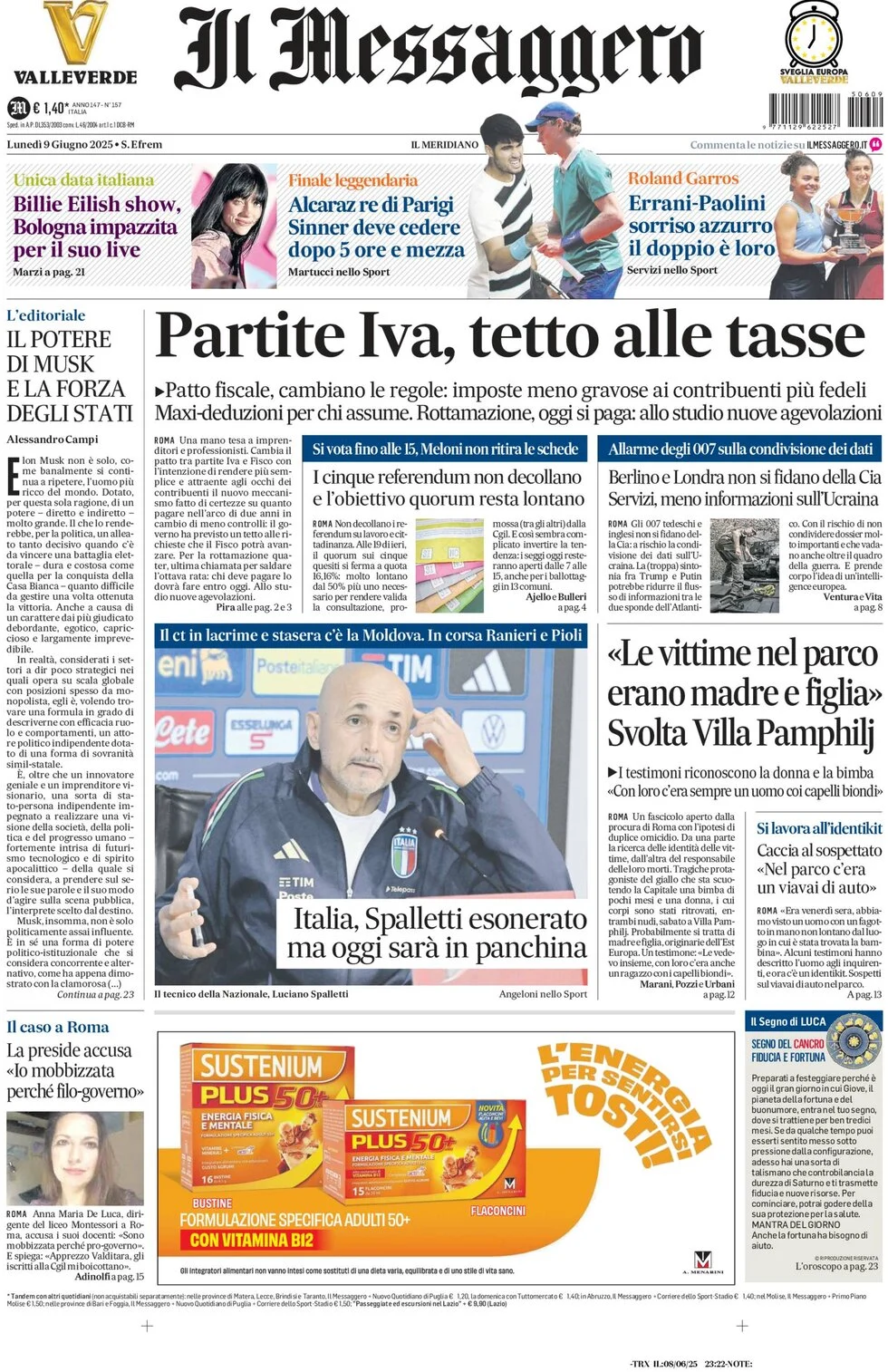 anteprima della prima pagina di il-messaggero del 09/06/2025