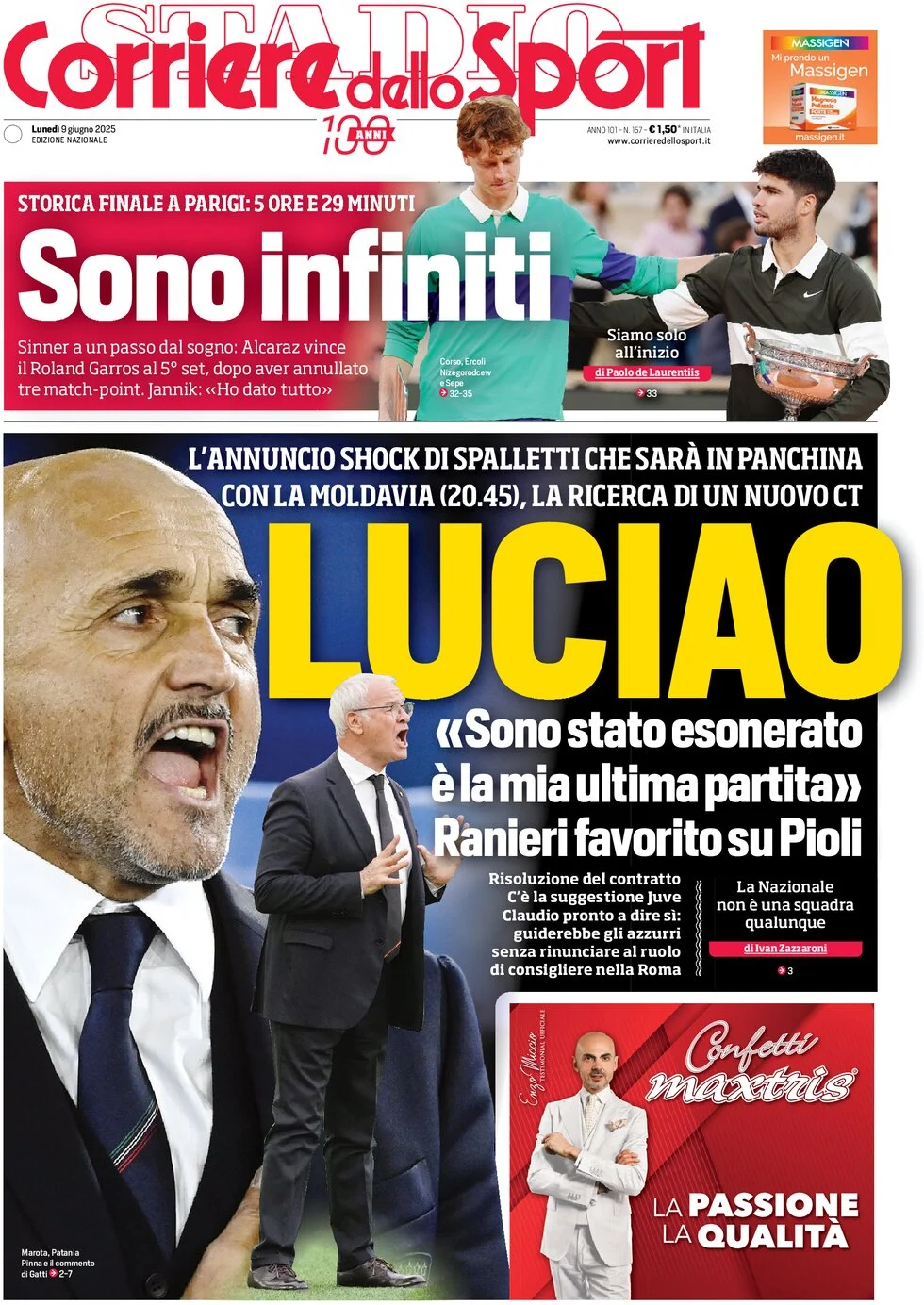 anteprima della prima pagina di corriere-dello-sport del 09/06/2025