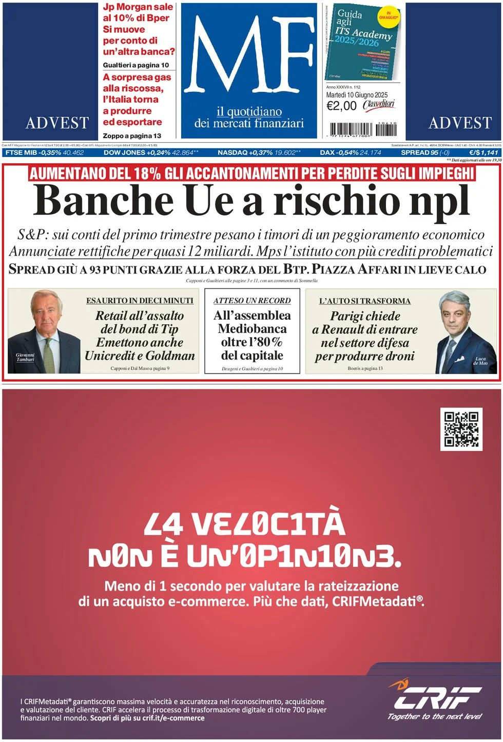 anteprima della prima pagina di mf-milano-finanza del 10/06/2025