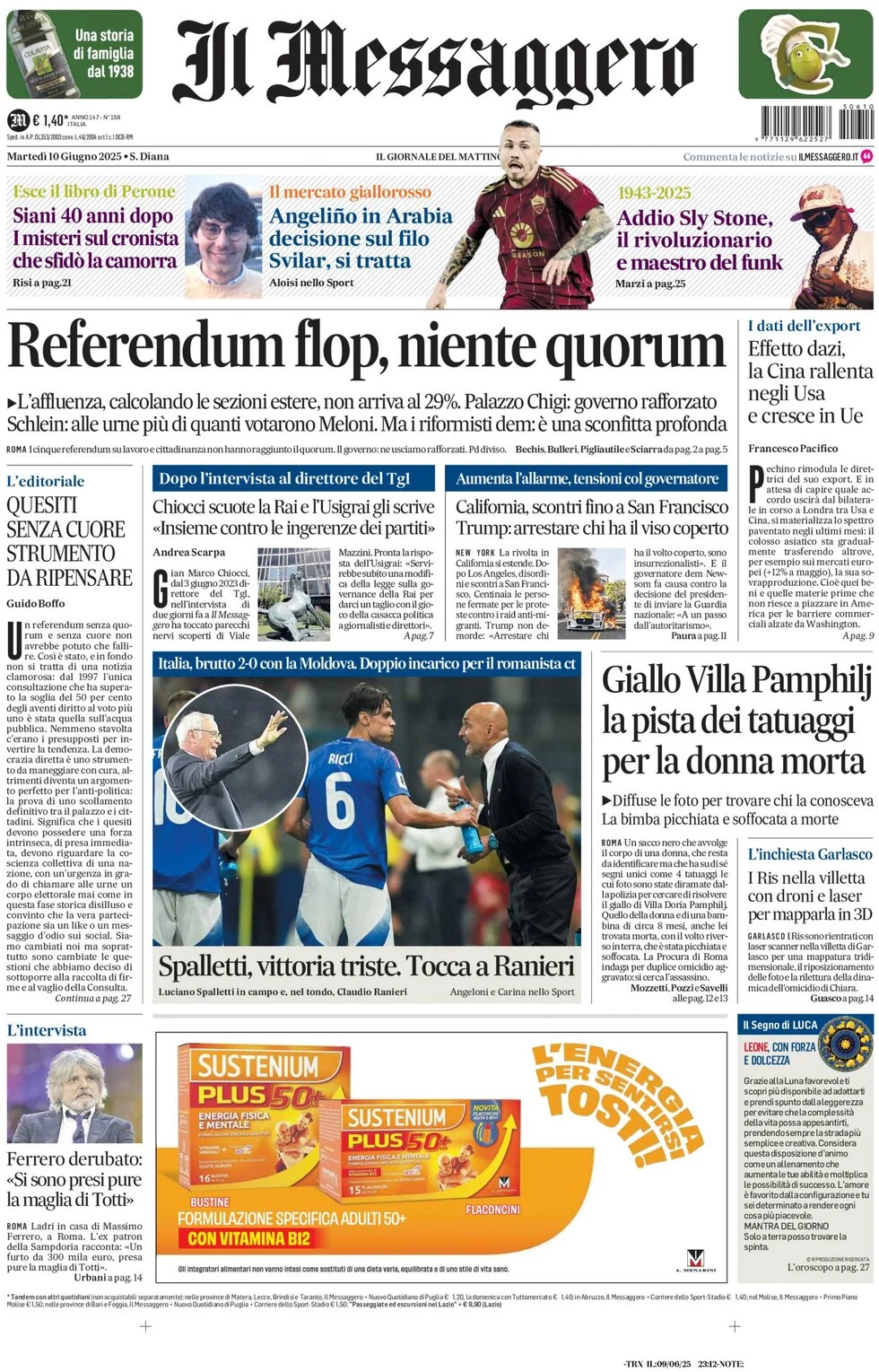 anteprima della prima pagina di il-messaggero del 10/06/2025