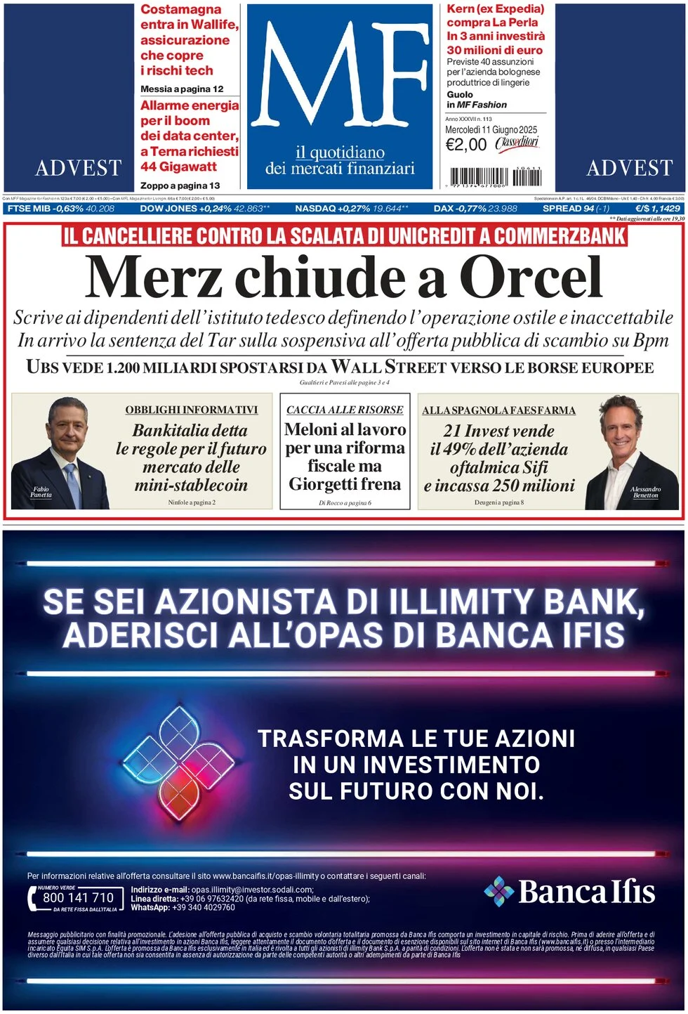 anteprima della prima pagina di mf-milano-finanza del 11/06/2025