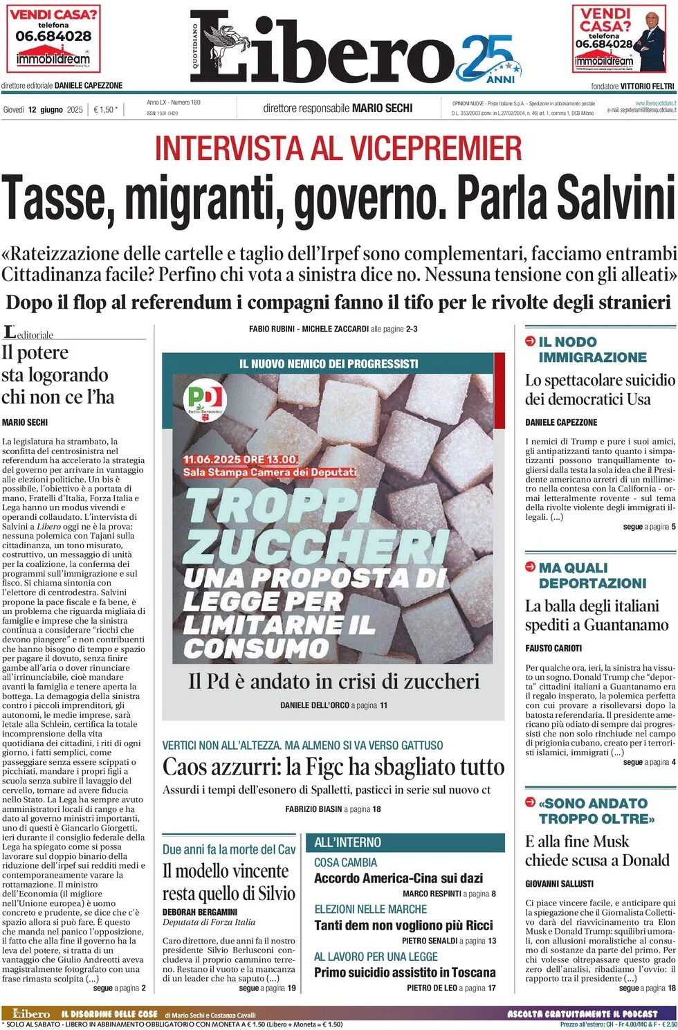 anteprima della prima pagina di libero-quotidiano del 12/06/2025