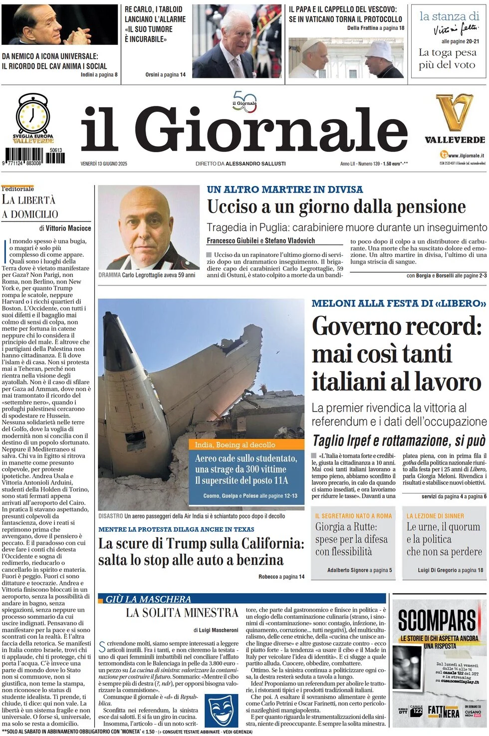 anteprima della prima pagina di il-giornale del 13/06/2025