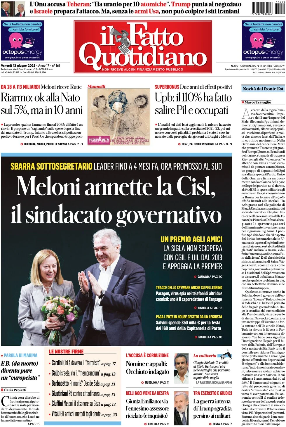 anteprima della prima pagina di il-fatto-quotidiano del 13/06/2025