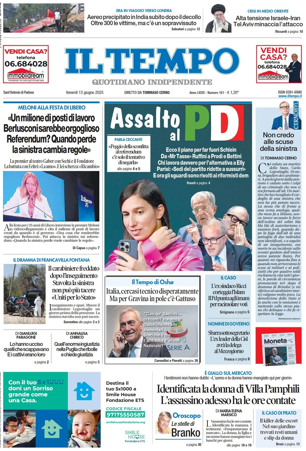 anteprima della prima pagina di il-tempo del 13/06/2025