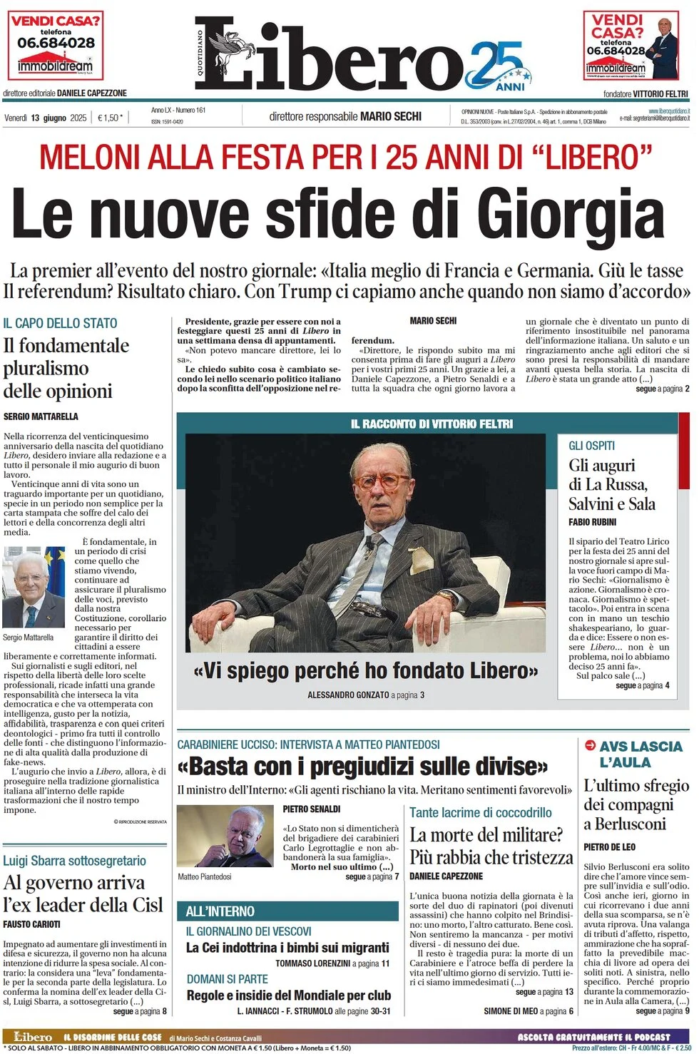 anteprima della prima pagina di libero-quotidiano del 13/06/2025