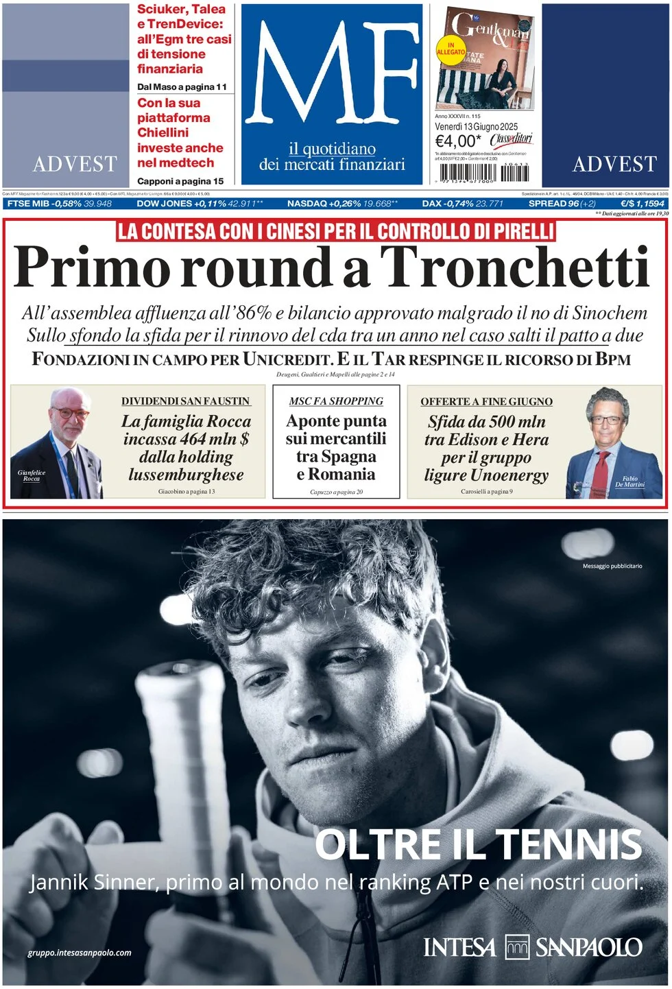 anteprima della prima pagina di mf-milano-finanza del 13/06/2025