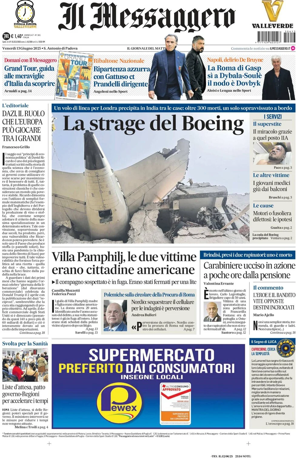 anteprima della prima pagina di il-messaggero del 13/06/2025