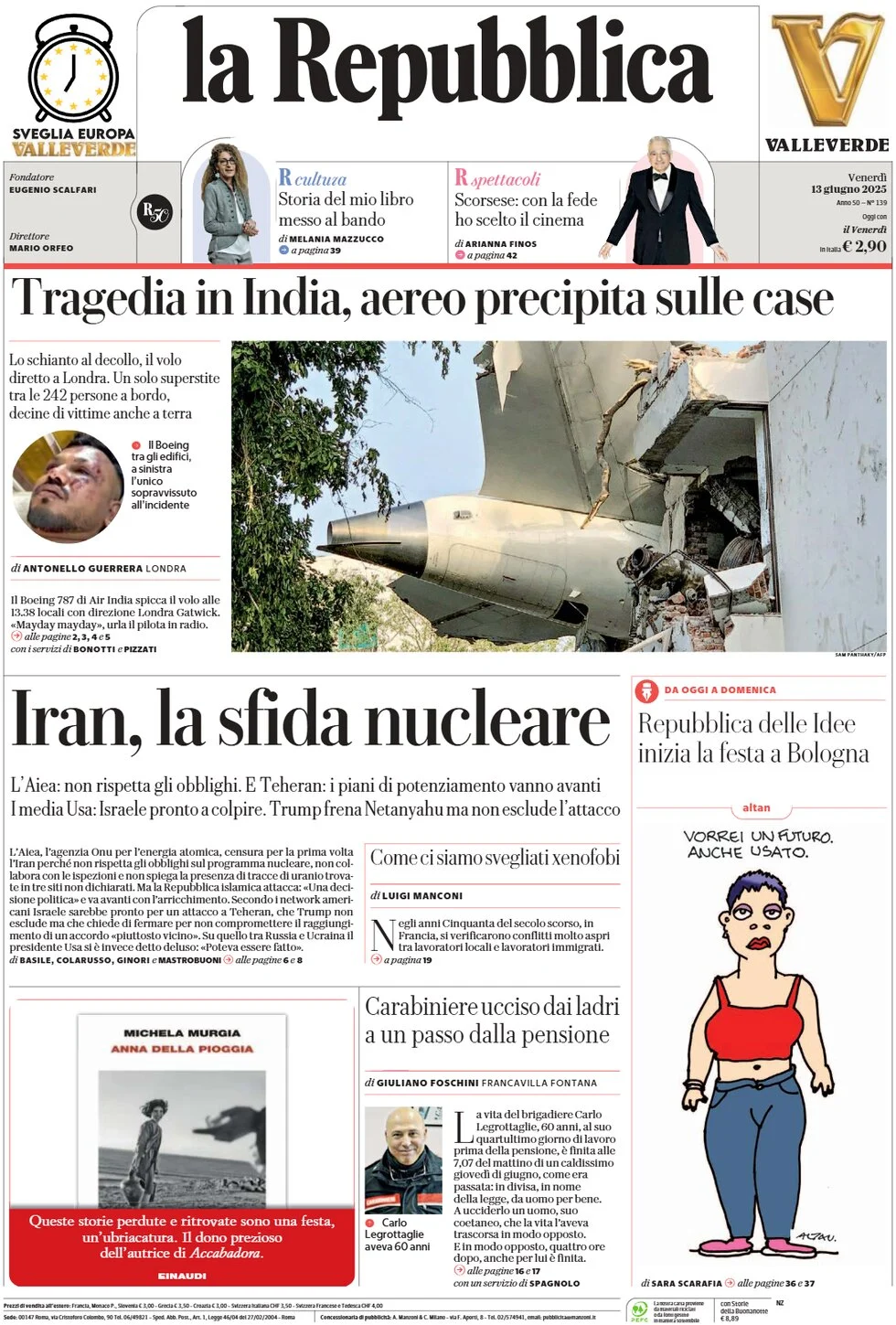anteprima della prima pagina di la-repubblica del 13/06/2025