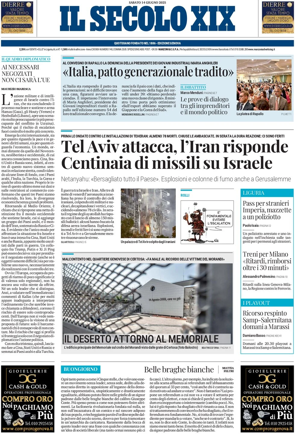 Anteprima prima pagina della rasegna stampa di ieri 2025-06-14 - il-secolo-xix/