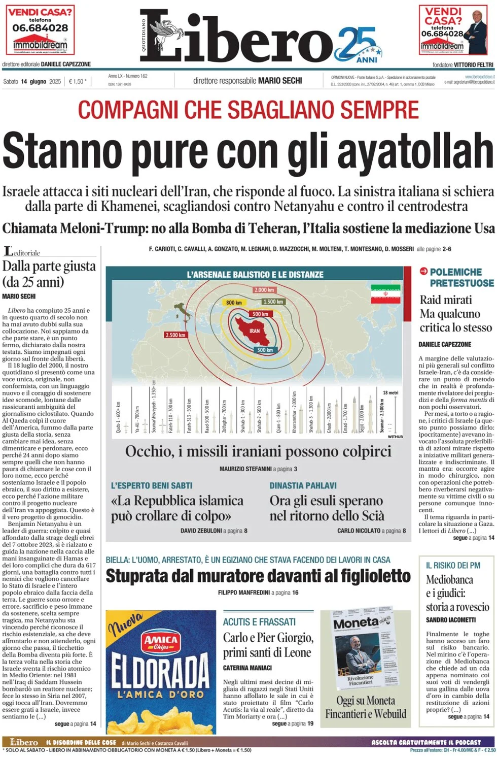anteprima della prima pagina di libero-quotidiano del 14/06/2025