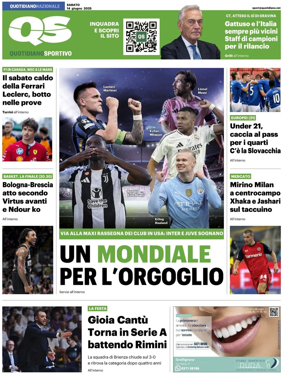 anteprima della prima pagina di qs-quotidiano-sportivo del 14/06/2025