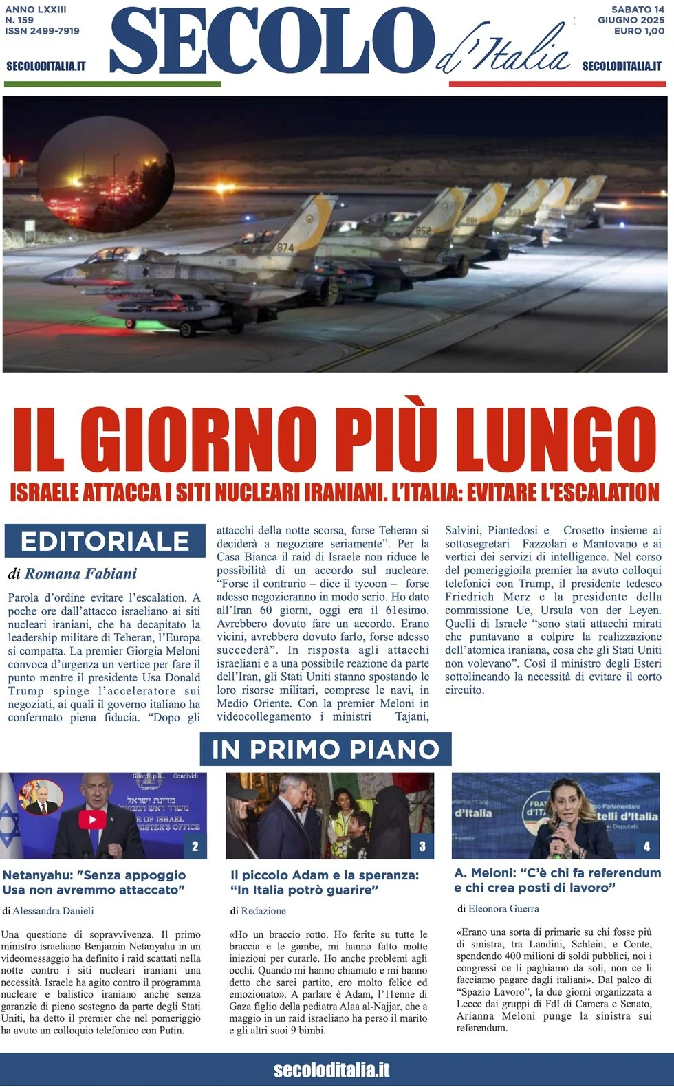 anteprima della prima pagina di secolo-ditalia del 14/06/2025