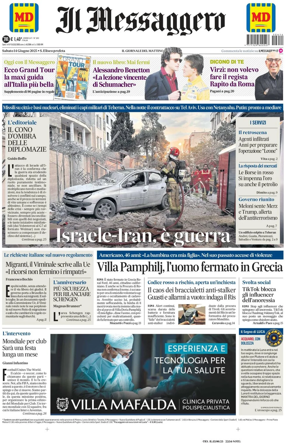 anteprima della prima pagina di il-messaggero del 14/06/2025