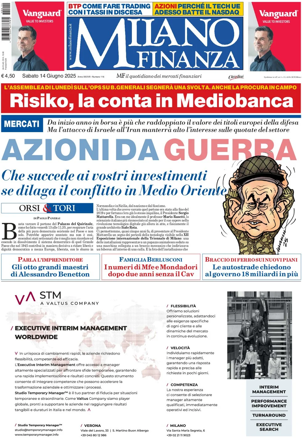 anteprima della prima pagina di mf-milano-finanza del 14/06/2025