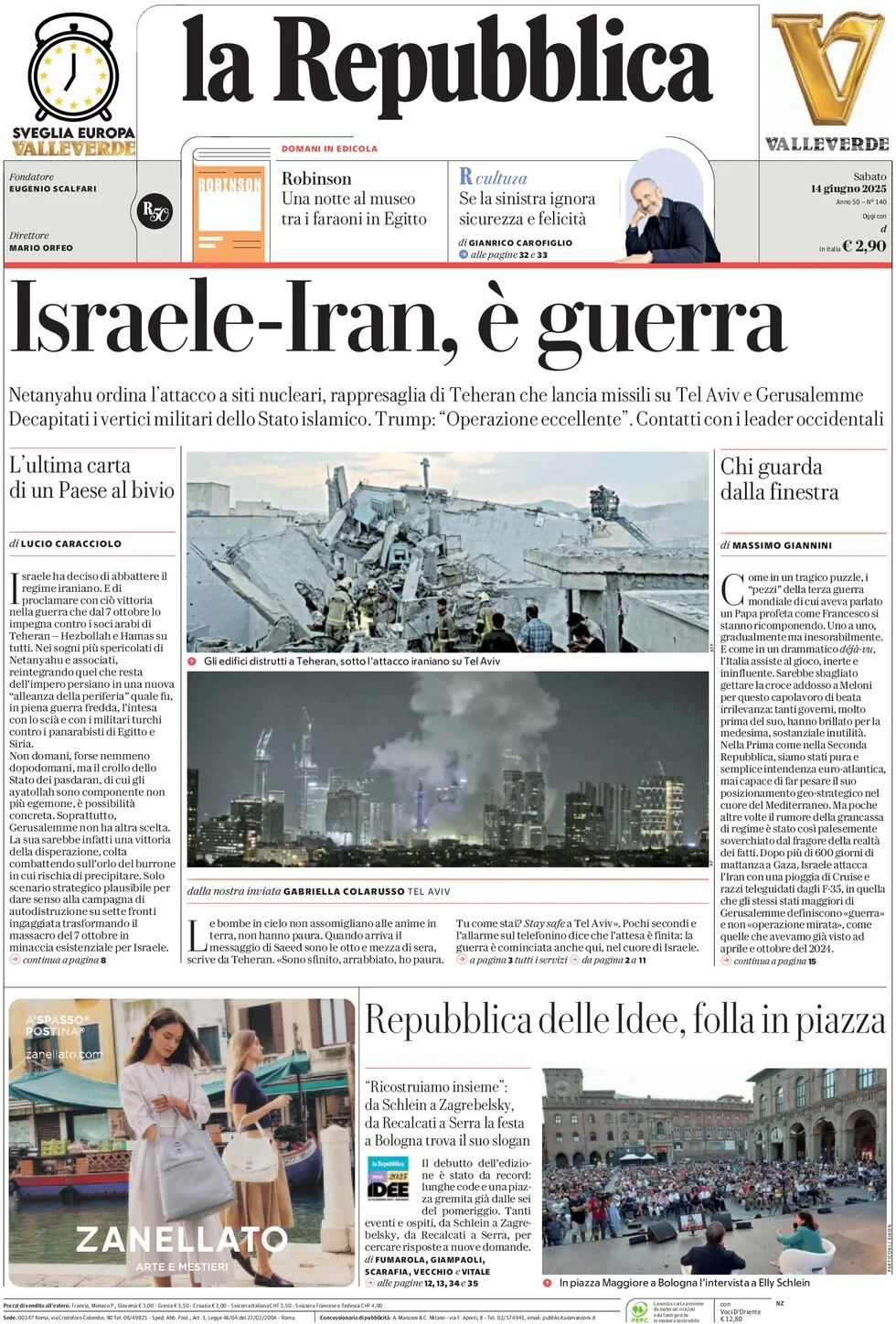 anteprima della prima pagina di la-repubblica del 14/06/2025