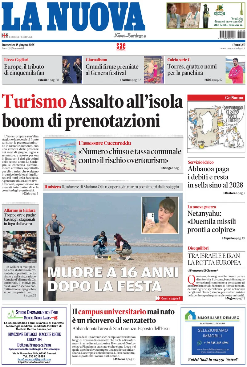 anteprima della prima pagina di La Nuova Sardegna