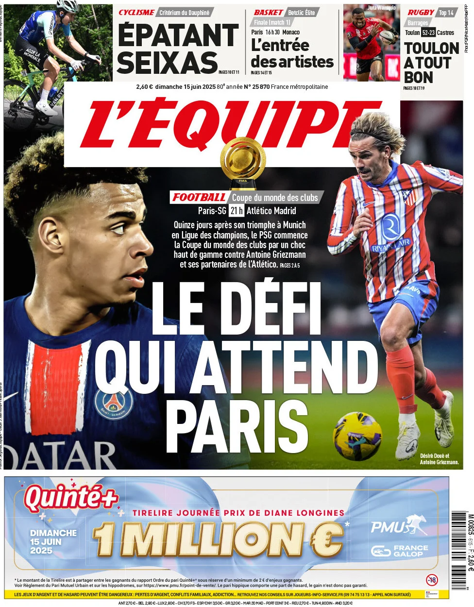 anteprima della prima pagina di lequipe del 15/06/2025