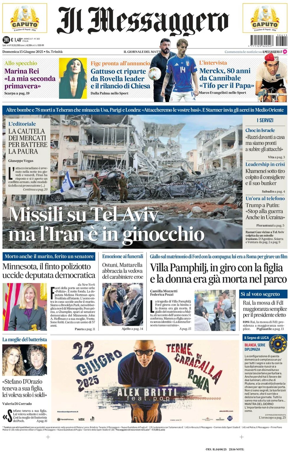 anteprima della prima pagina di il-messaggero del 15/06/2025