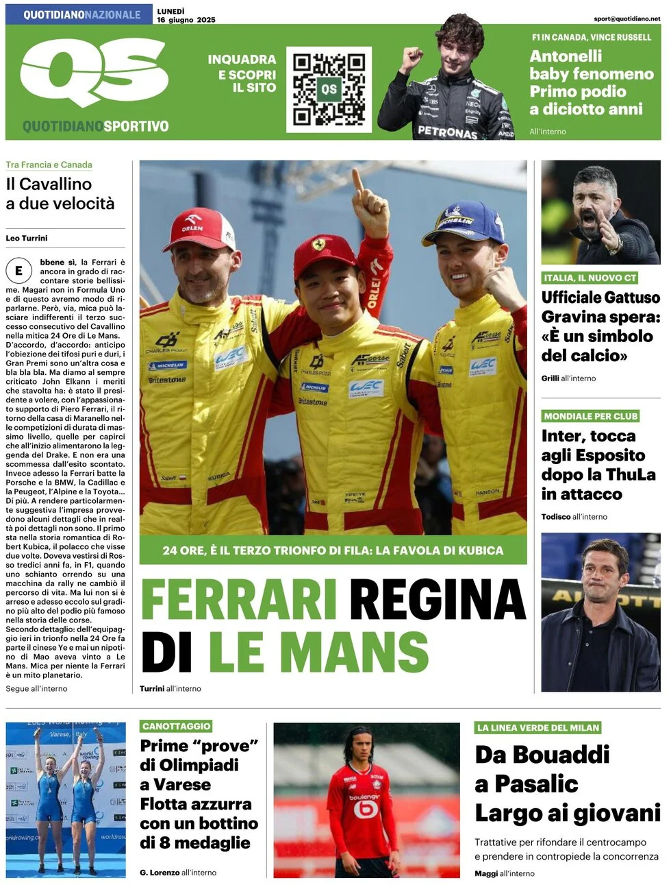 anteprima della prima pagina di qs-quotidiano-sportivo del 16/06/2025