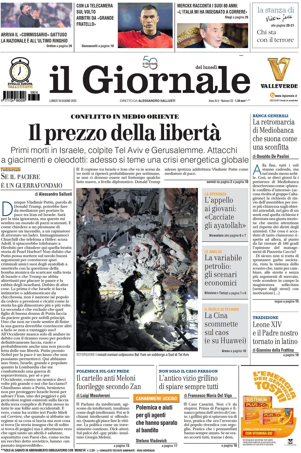 anteprima della prima pagina di il-giornale del 16/06/2025