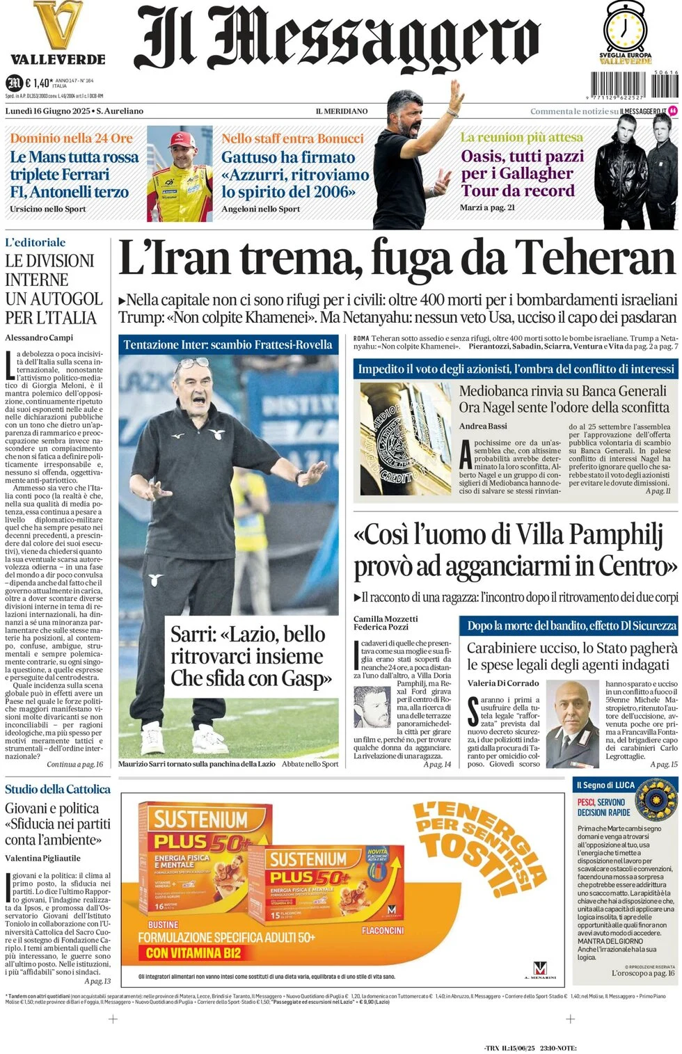 anteprima della prima pagina di il-messaggero del 16/06/2025