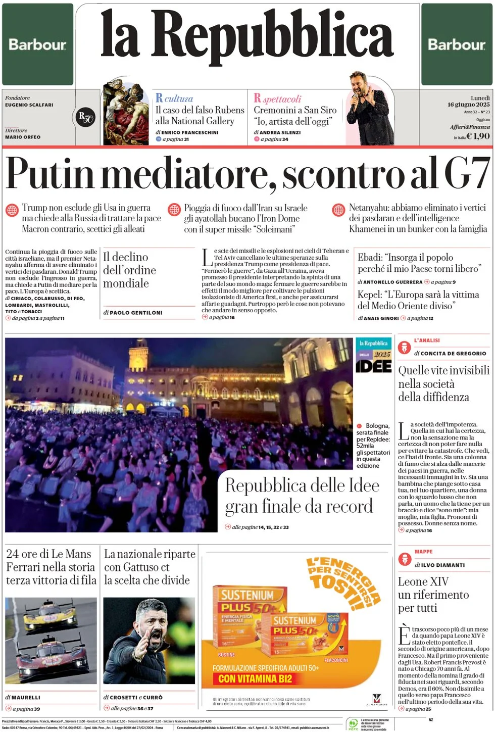 anteprima della prima pagina di la-repubblica del 16/06/2025