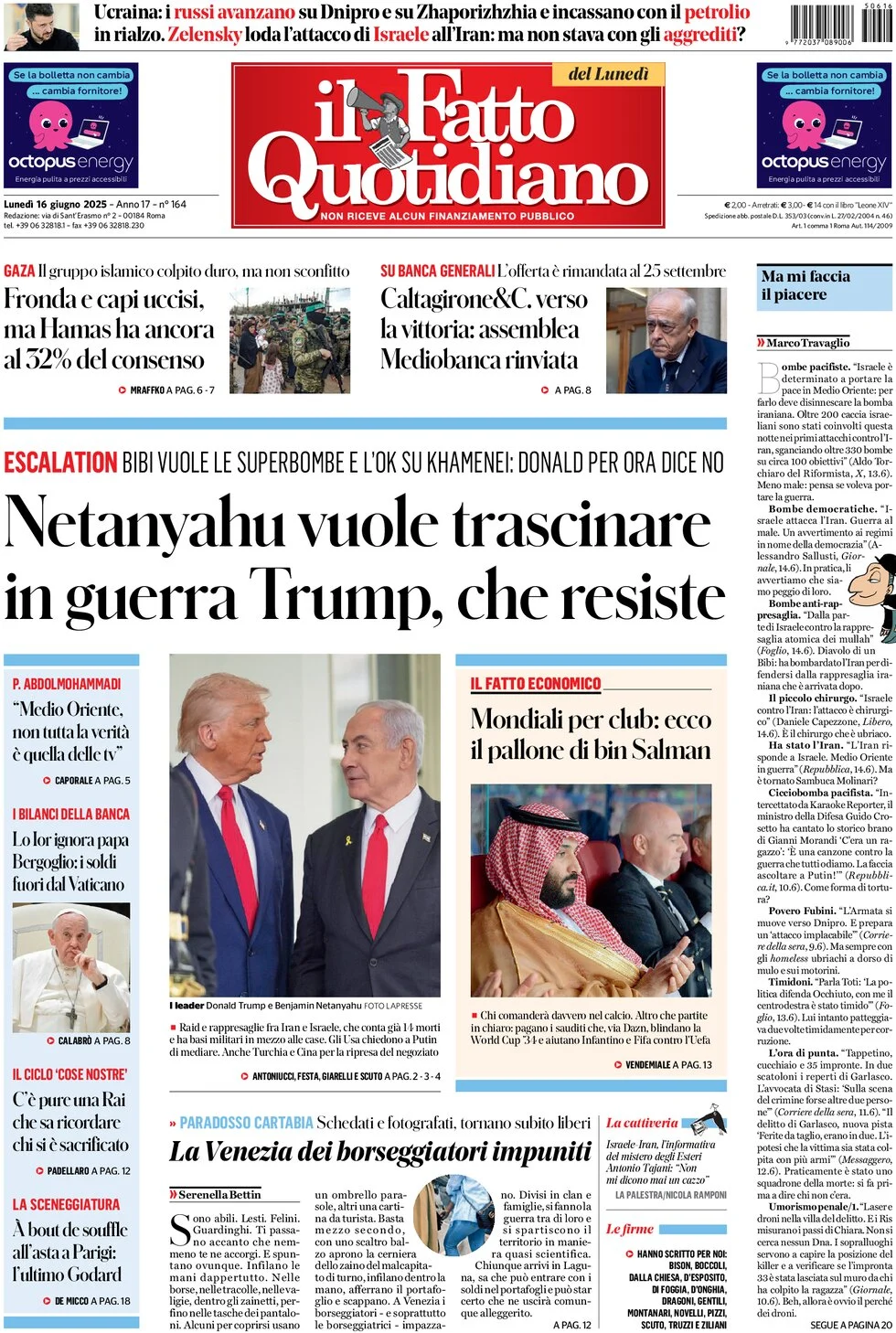 anteprima della prima pagina di il-fatto-quotidiano del 16/06/2025