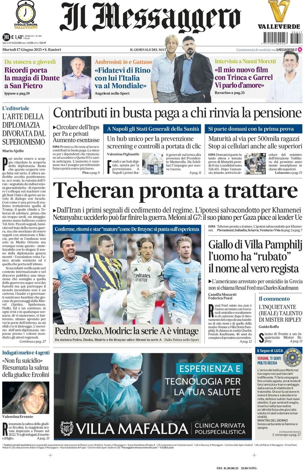 anteprima della prima pagina di il-messaggero del 17/06/2025