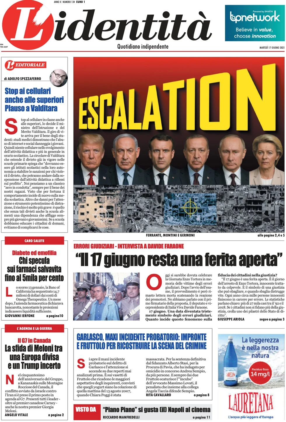 anteprima della prima pagina di lidentit del 17/06/2025
