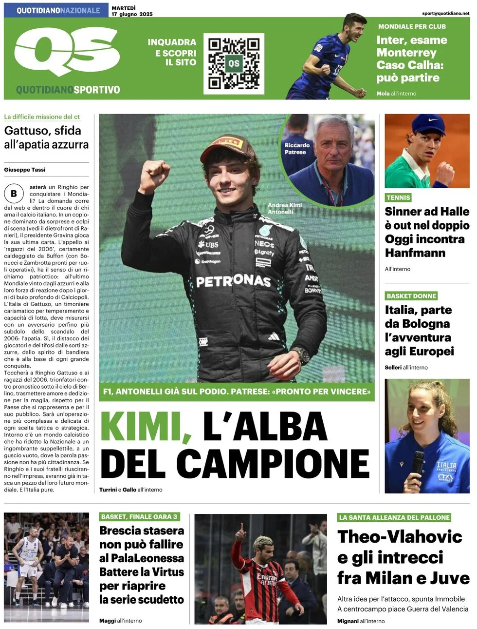 anteprima della prima pagina di qs-quotidiano-sportivo del 17/06/2025