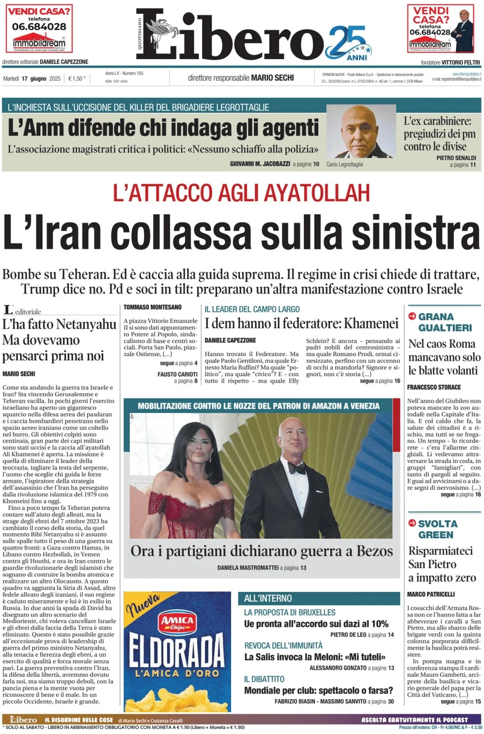 anteprima della prima pagina di libero-quotidiano del 17/06/2025