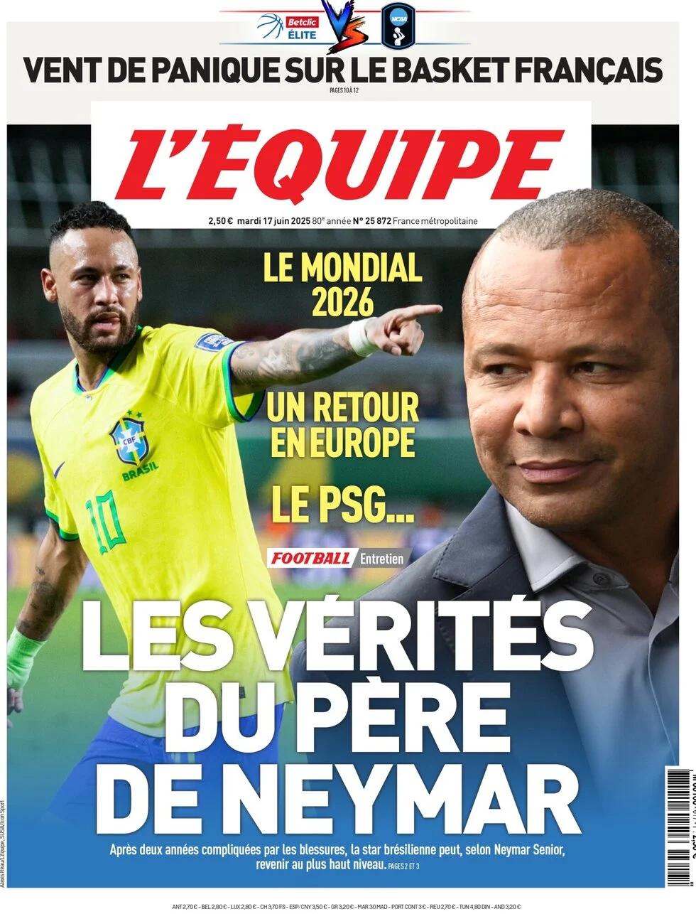 anteprima della prima pagina di lequipe del 17/06/2025