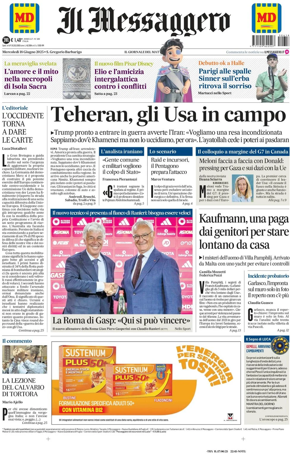 anteprima della prima pagina di il-messaggero del 18/06/2025