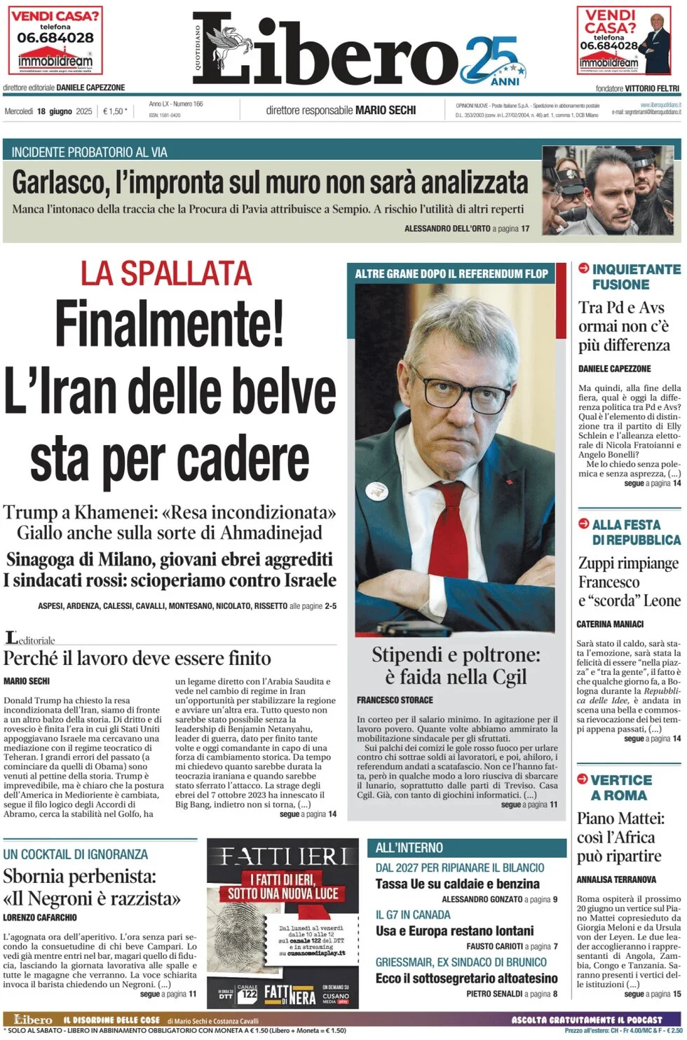 anteprima della prima pagina di libero-quotidiano del 18/06/2025