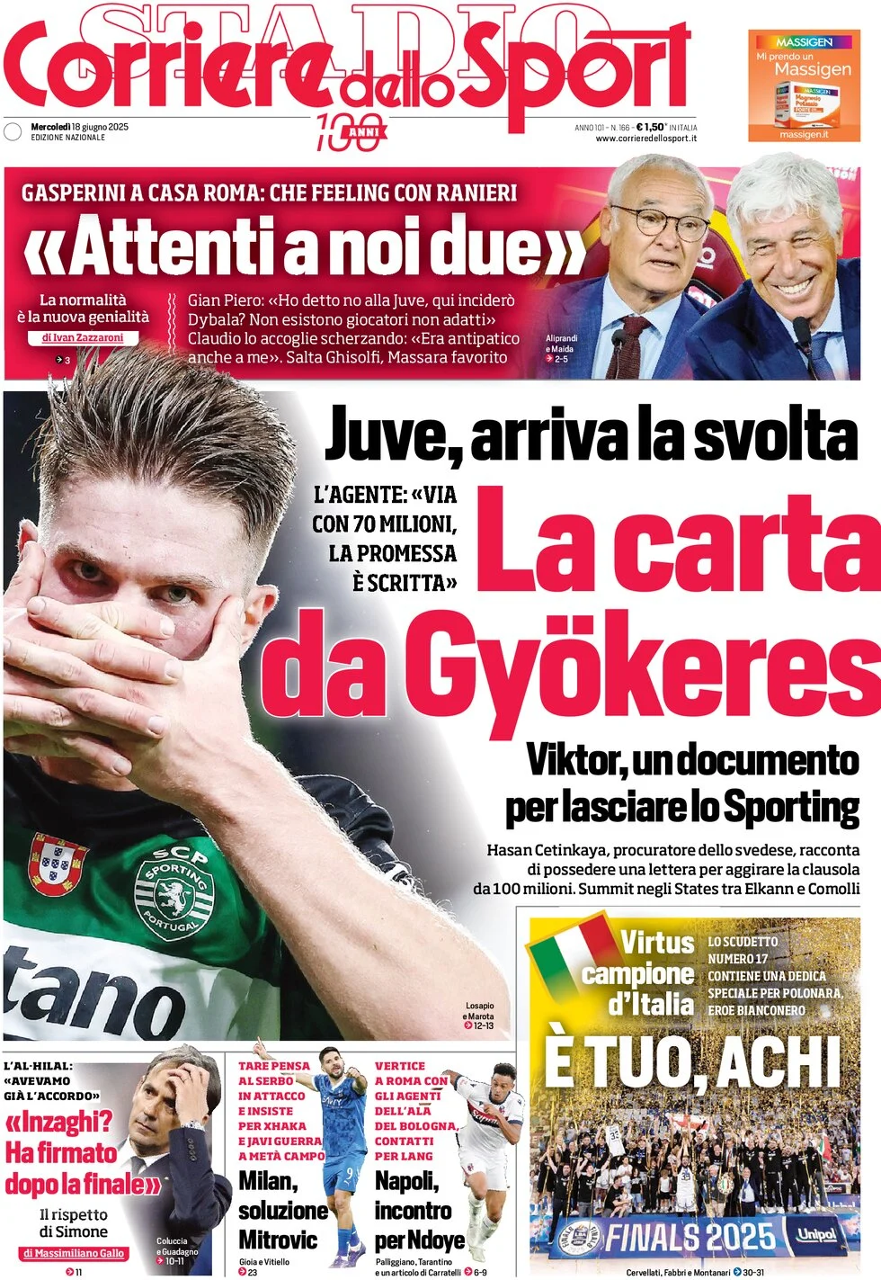 anteprima della prima pagina di corriere-dello-sport del 18/06/2025