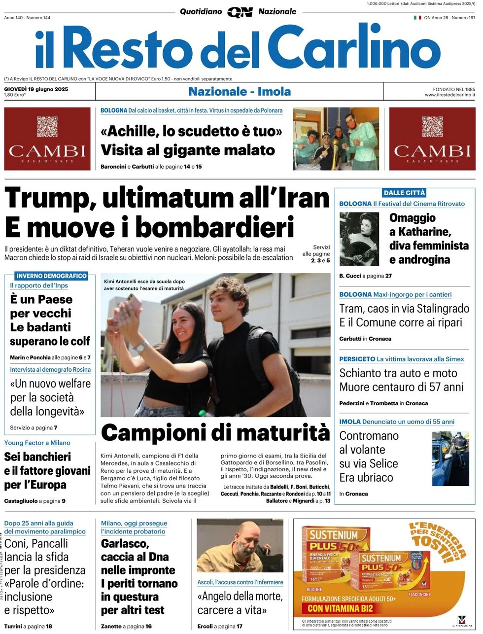 anteprima della prima pagina di il-resto-del-carlino del 19/06/2025