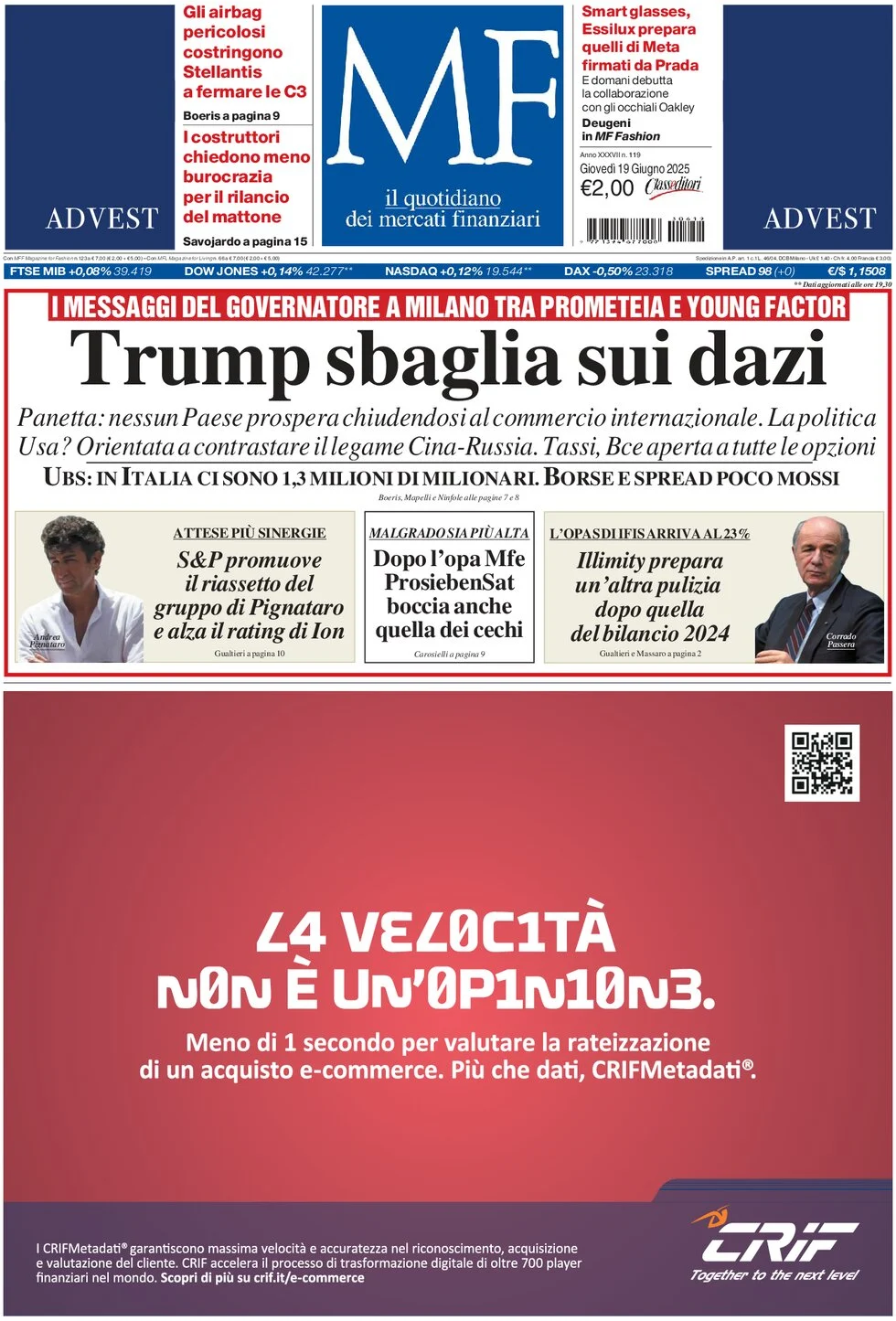 anteprima della prima pagina di mf-milano-finanza del 19/06/2025