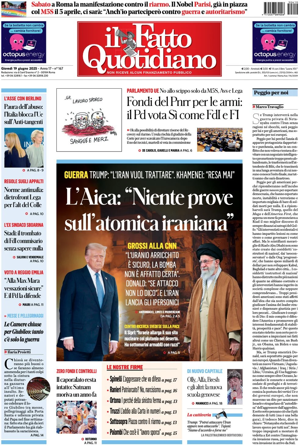 anteprima della prima pagina di il-fatto-quotidiano del 19/06/2025