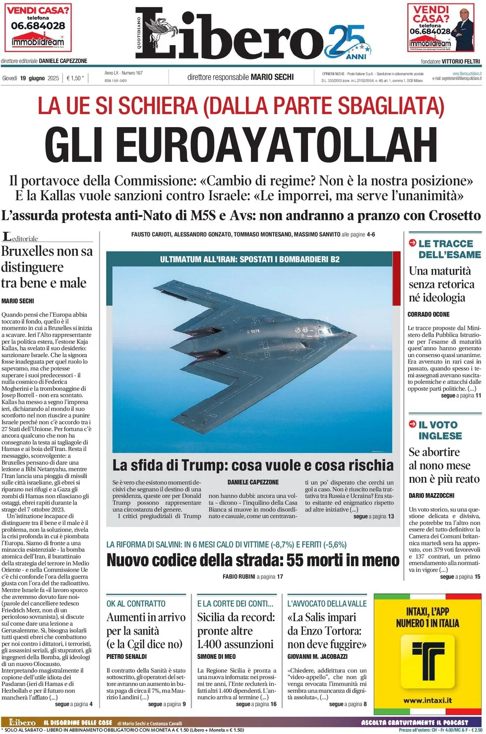 anteprima della prima pagina di libero-quotidiano del 19/06/2025