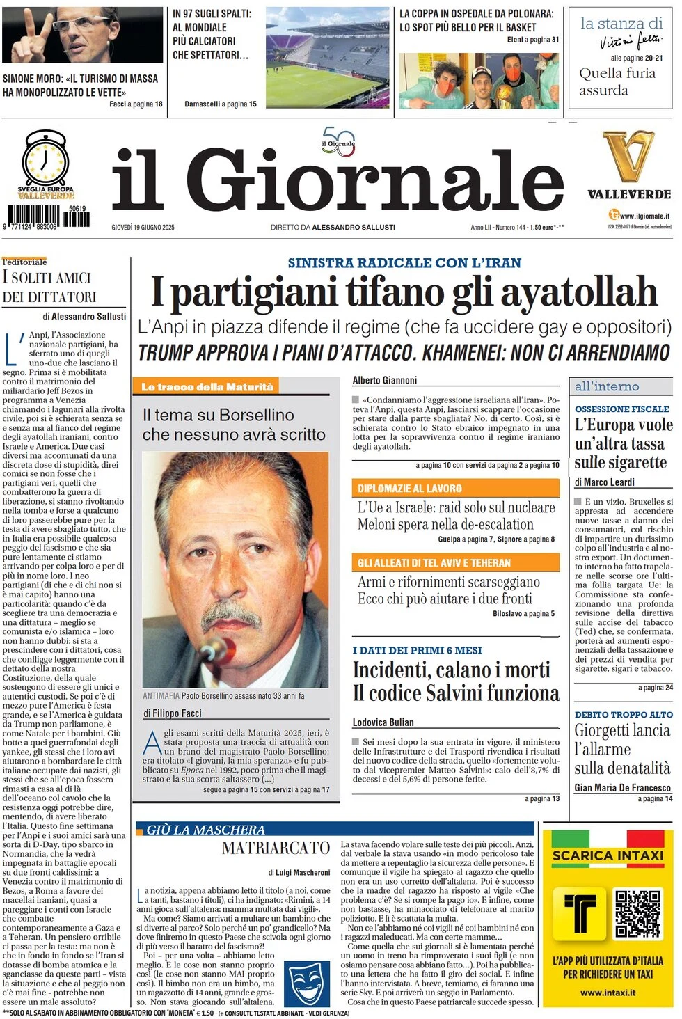 anteprima della prima pagina di il-giornale del 19/06/2025