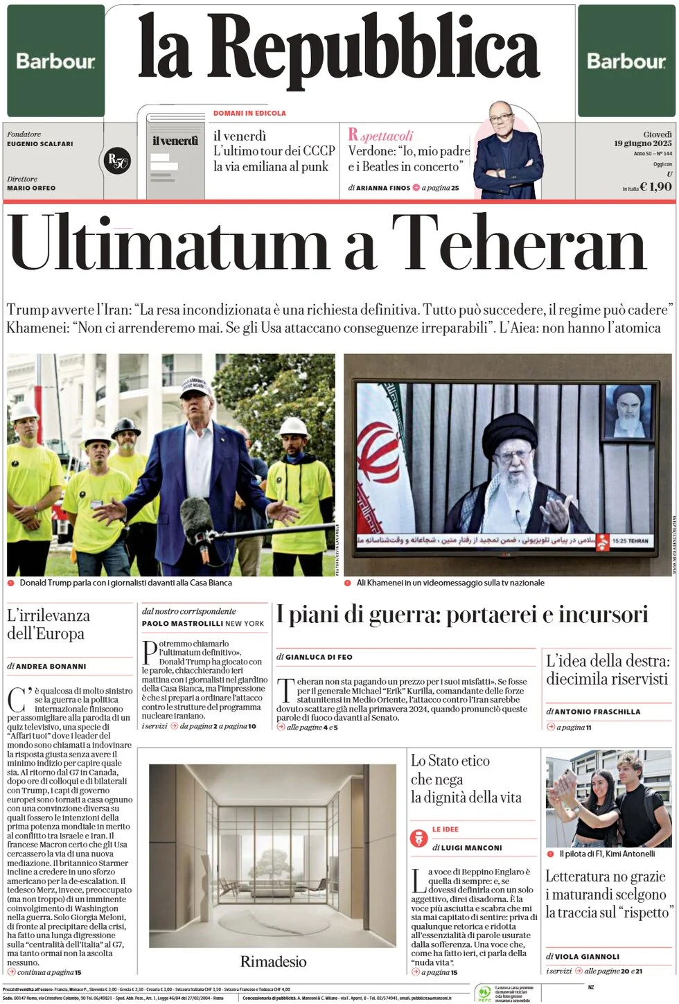 anteprima della prima pagina di la-repubblica del 19/06/2025